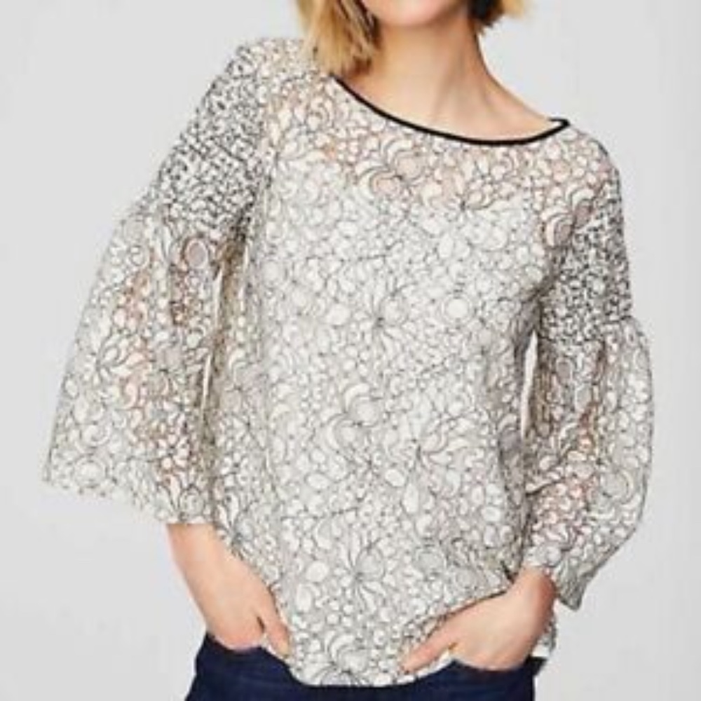 LOFT Floral Lace Smocked Bell Sleeve Top Boho XSP